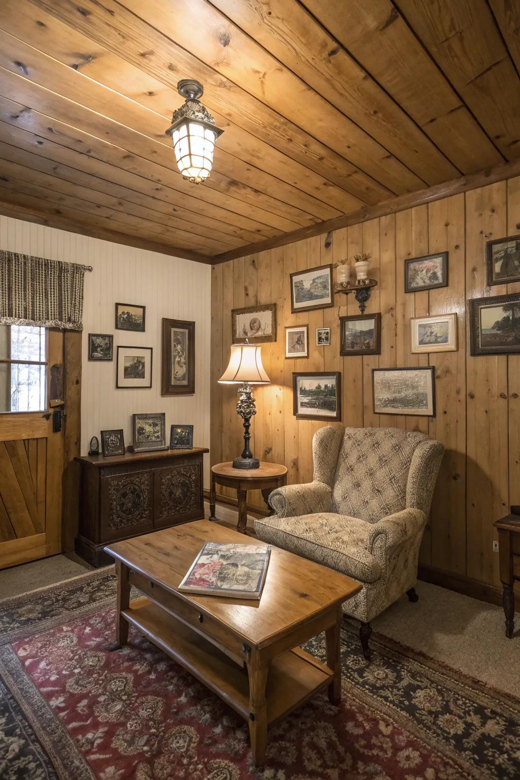 A vintage-style room where pine clad ceilings enhance antique decor.