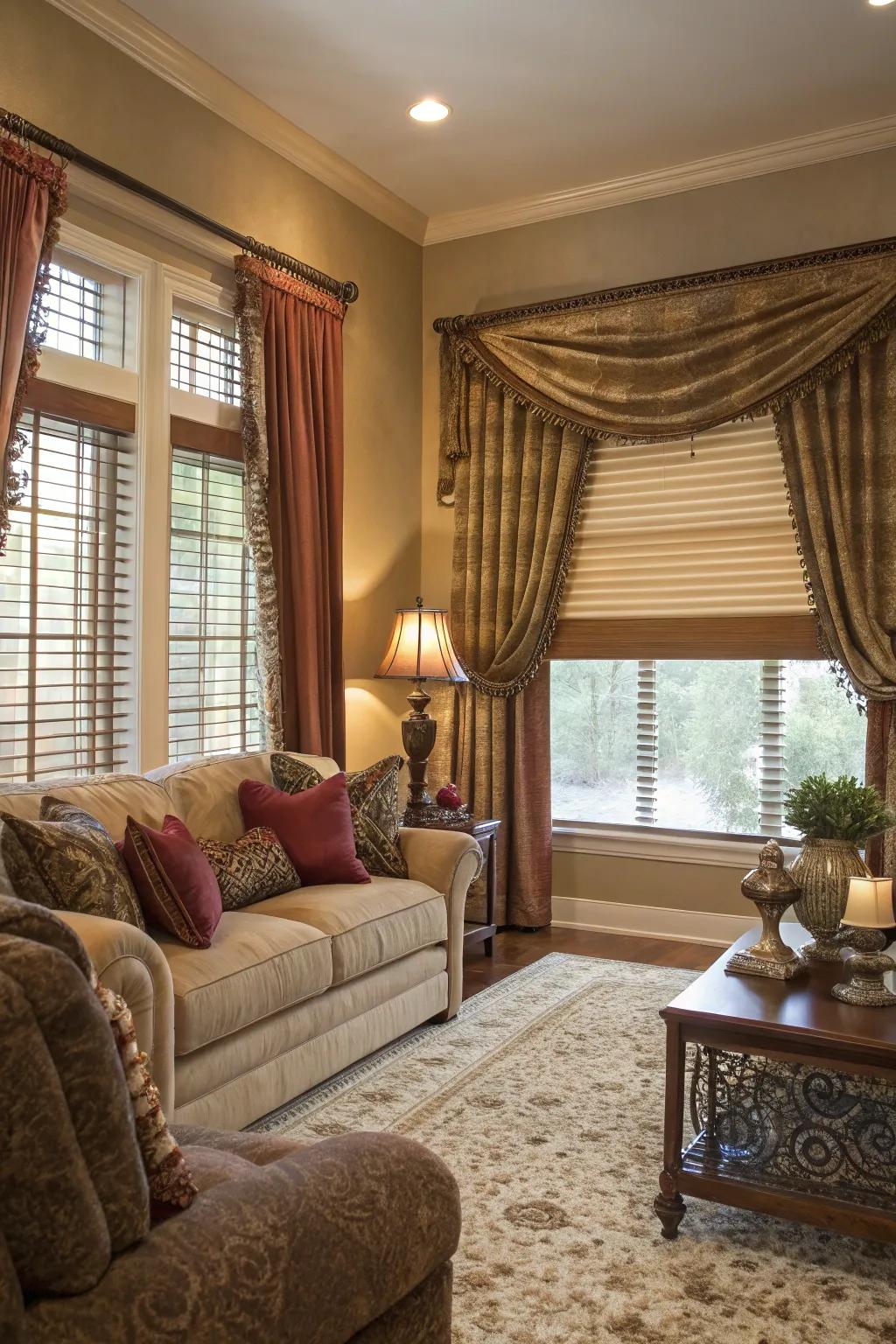 Layered window coverings adding dimension and warmth to the living space.