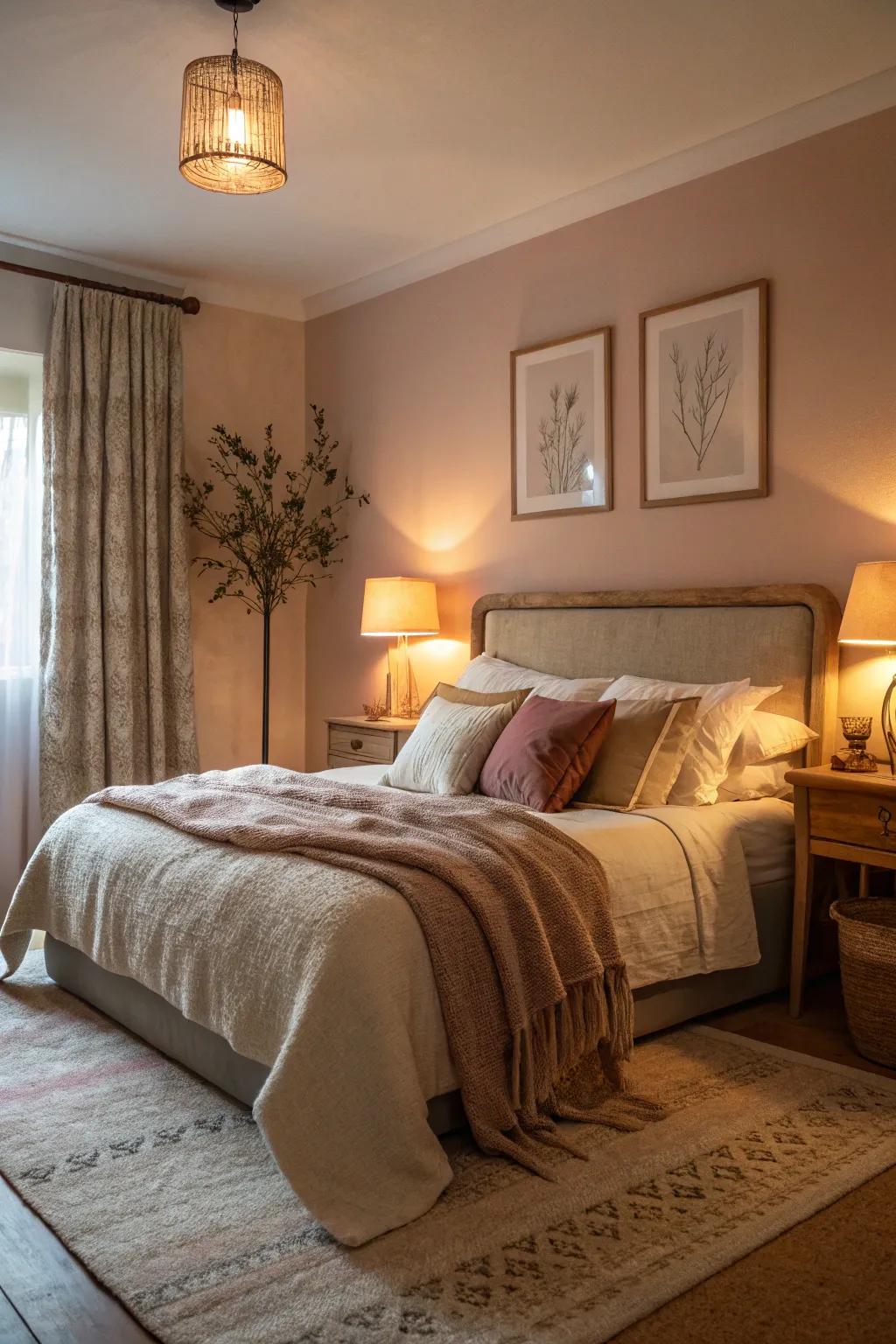 Ambient lighting casting a cozy glow over the layered bedding.