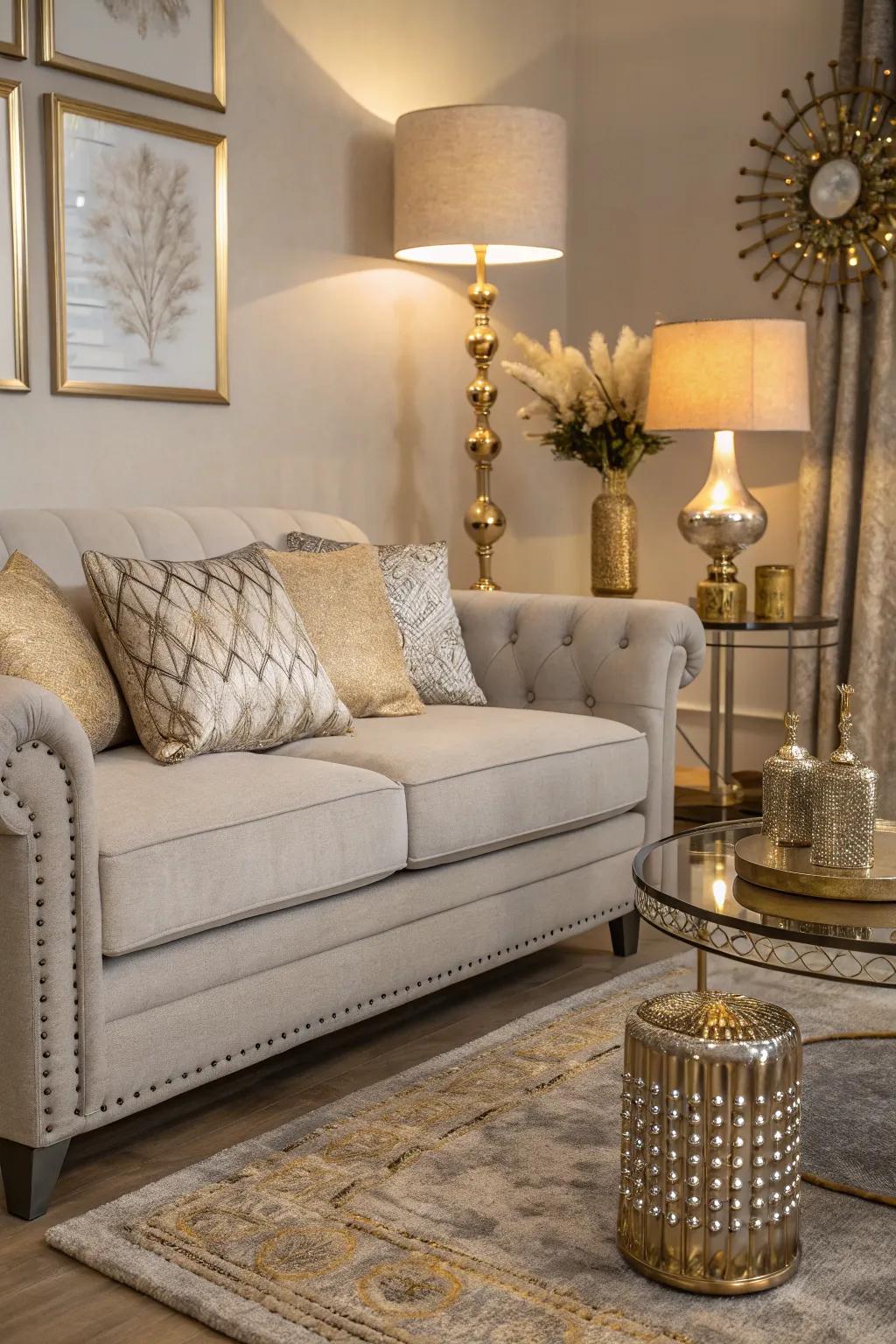Metallic features add an element of glamour to a muted stone sofa setting.