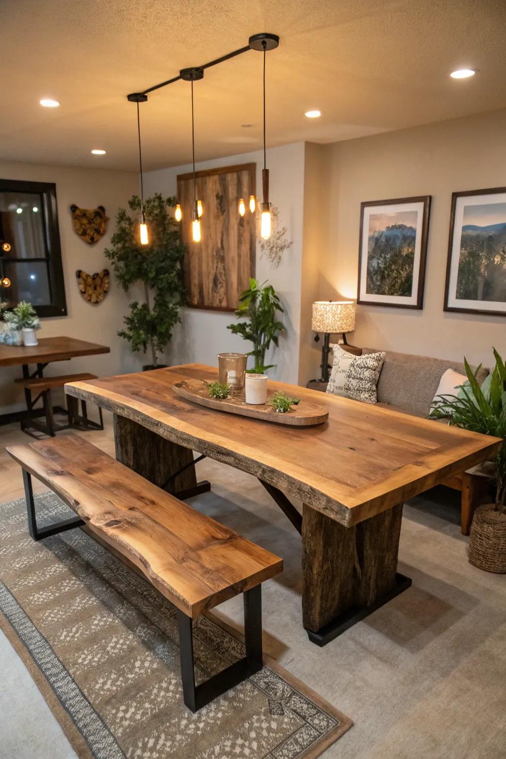Natural-edge furniture producing a cohesive nature-inspired theme in the meal room.