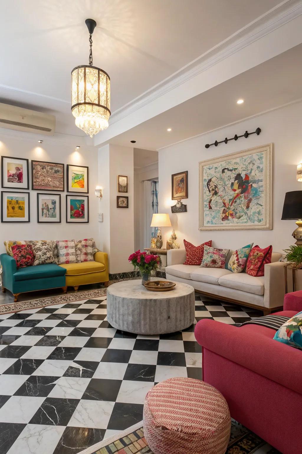 Checkerboard tile flooring incorporates a playful yet sophisticated touch.