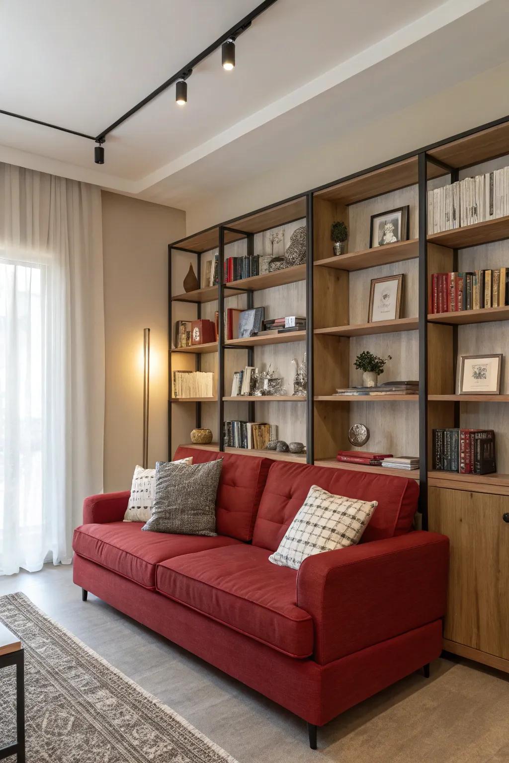 Stylish storage solutions frame your crimson sofa, adding both functionality and aesthetic appeal.