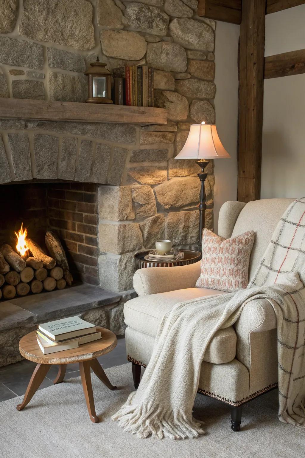 A comfortable nook beside the fireplace is ideal for relaxation and gatherings.