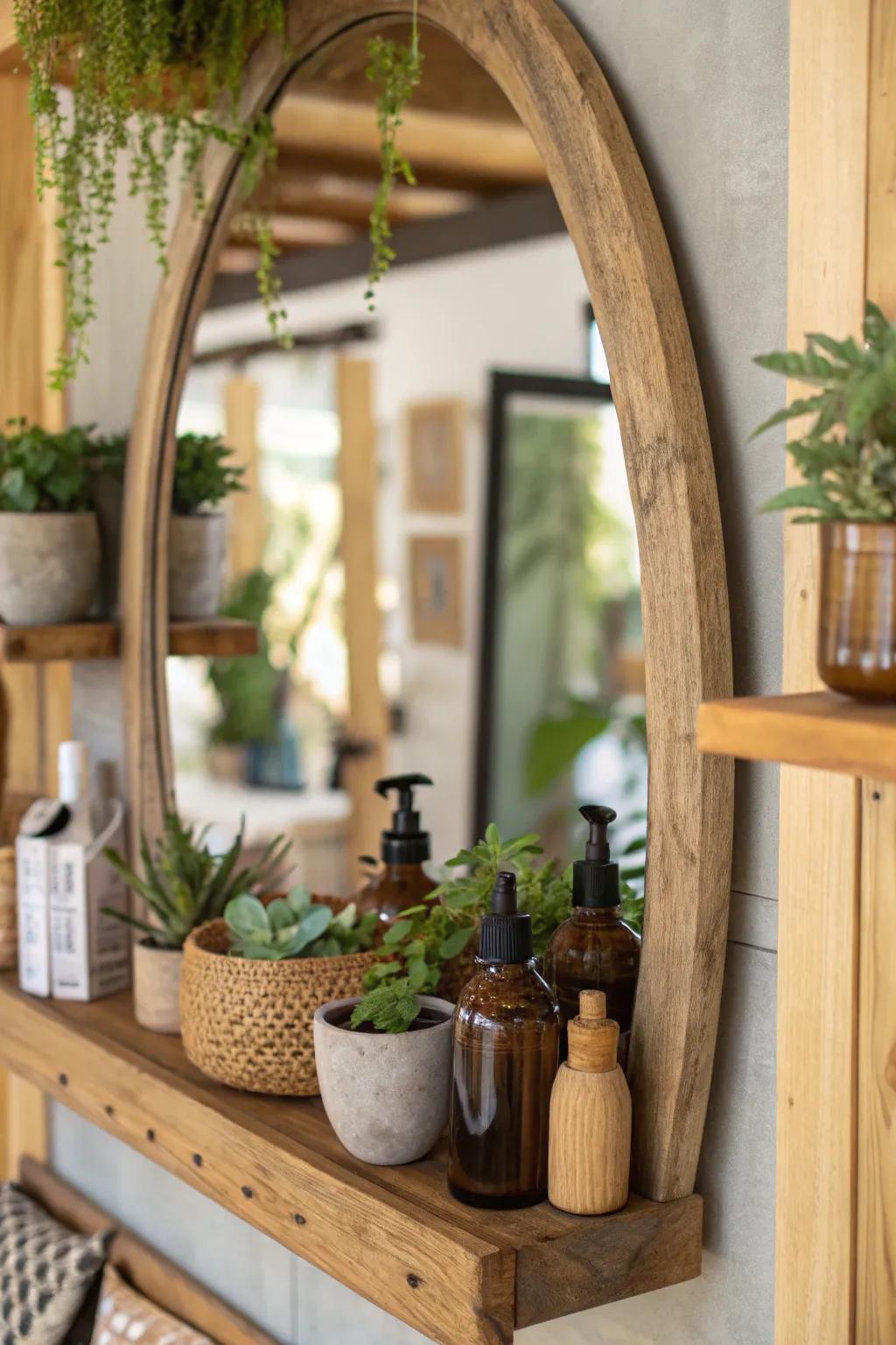 An eco-conscious mirror showcasing a reclaimed timber shelf to achieve a hint of sustainability.