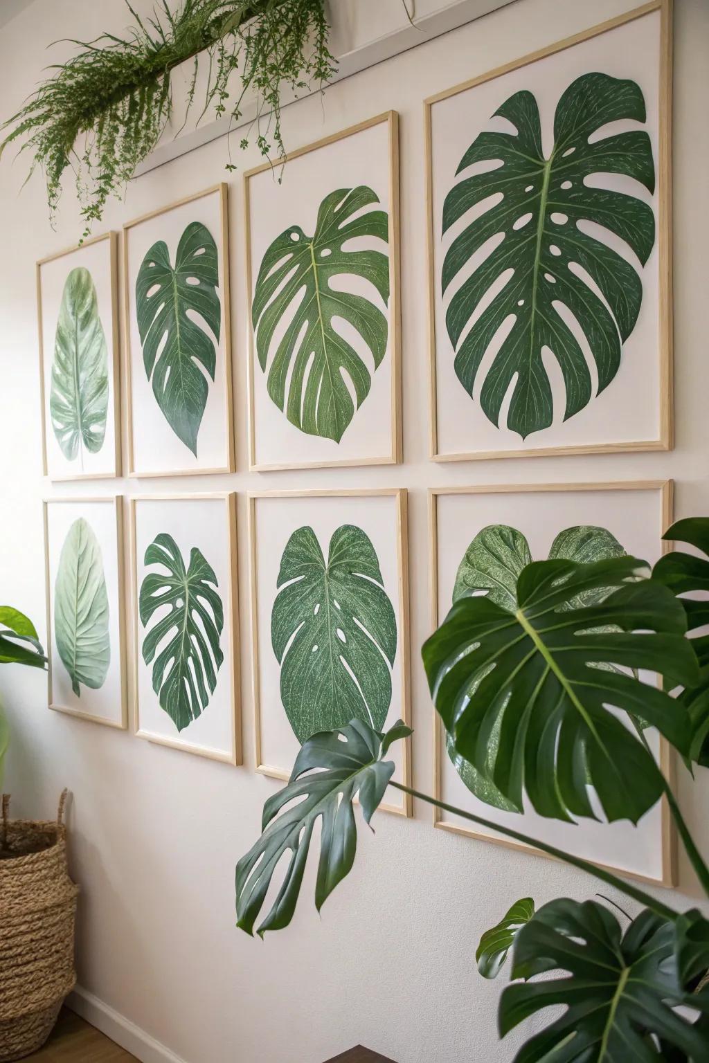 Botanical artwork replications featuring monstera leaves.