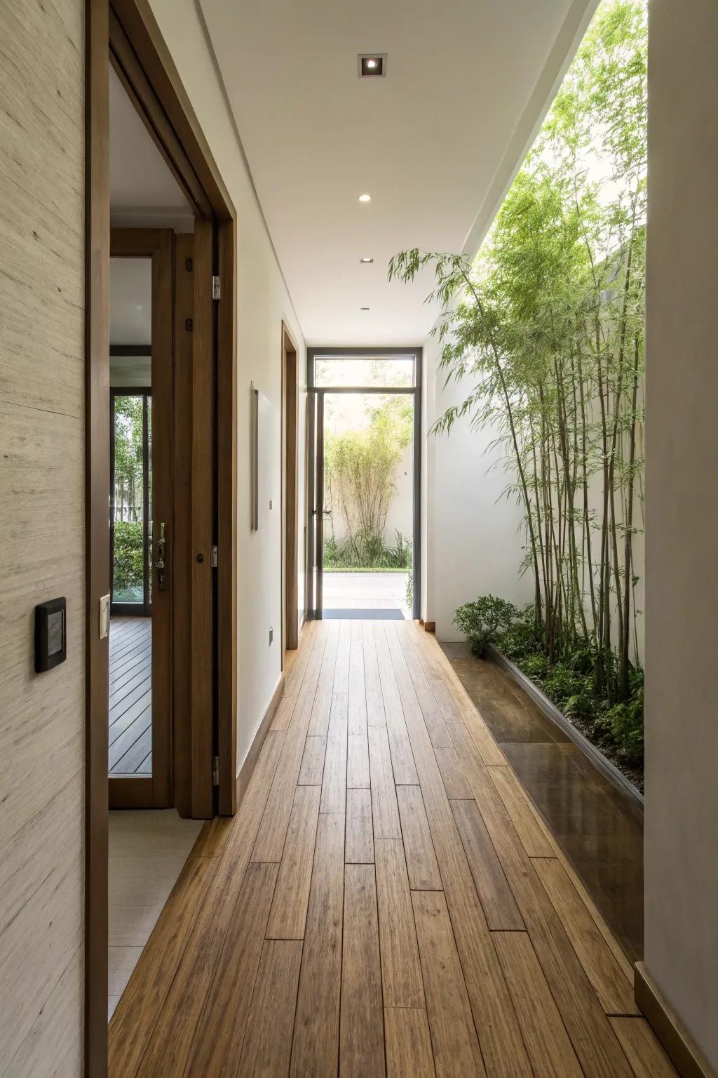 Bamboo flooring offers a sustainable and modern option for narrow hallways.