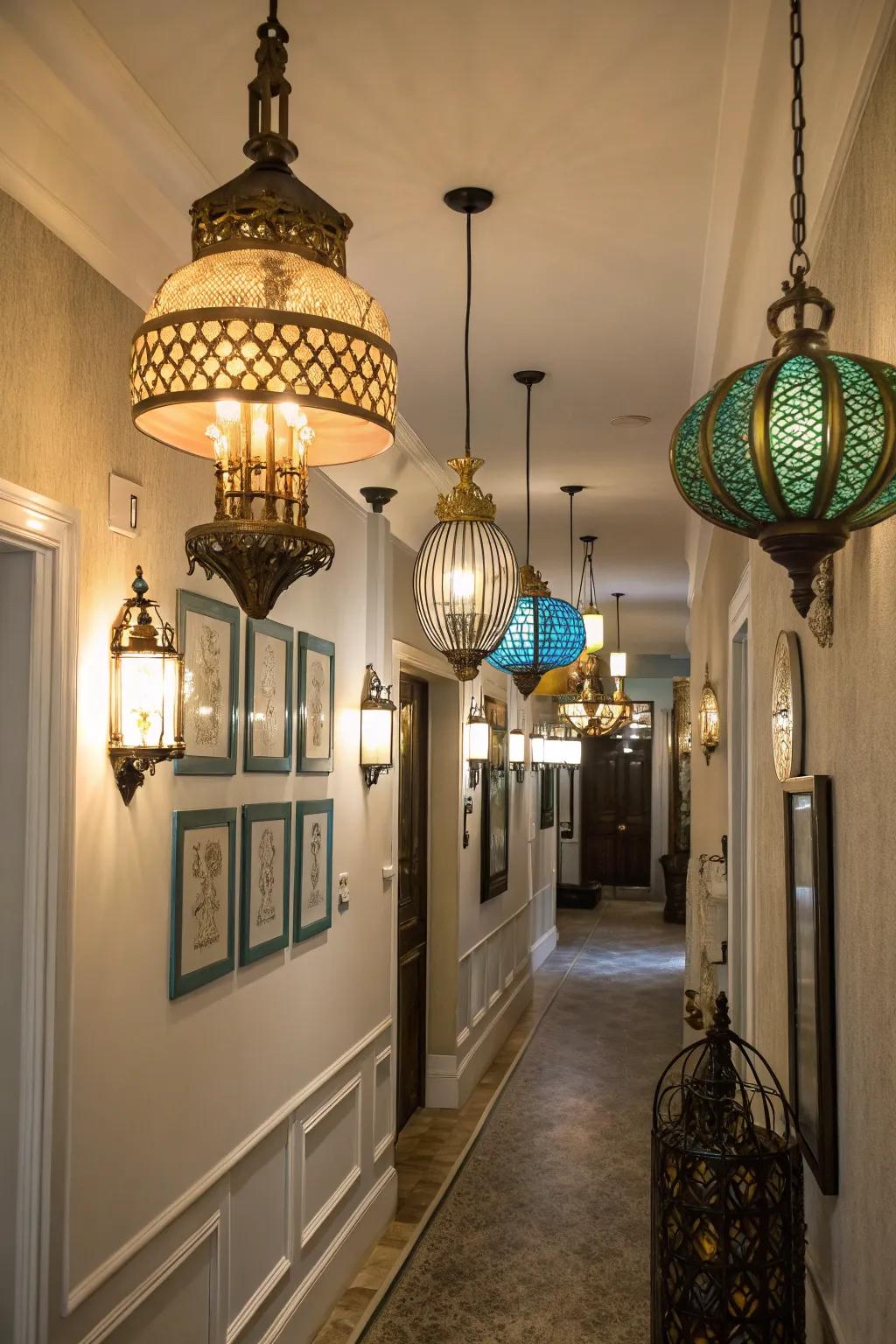 Eclectic fixtures can infuse personality into slender hallways.