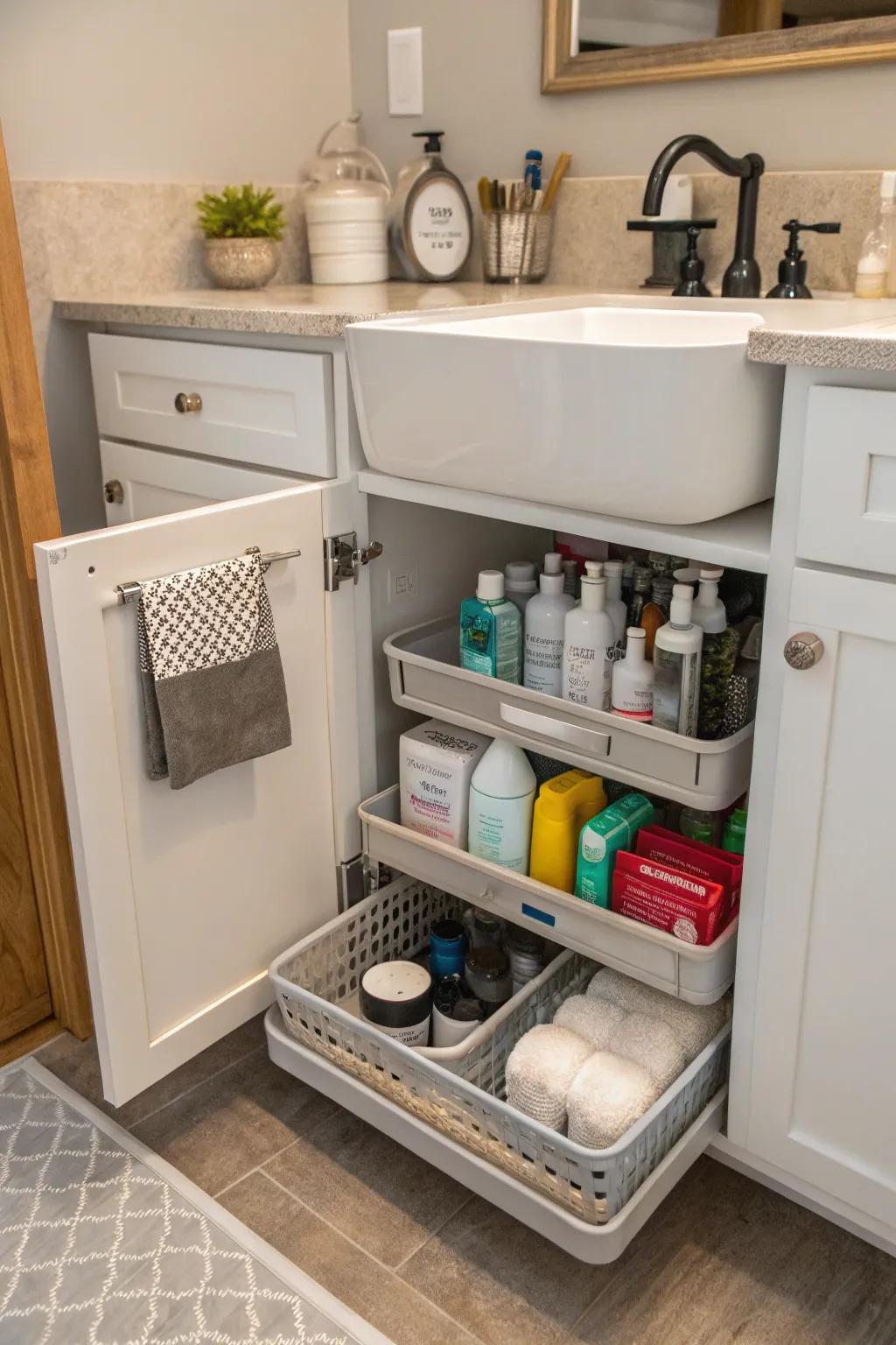 Repurposed kitchen organizers offer creative storage options.