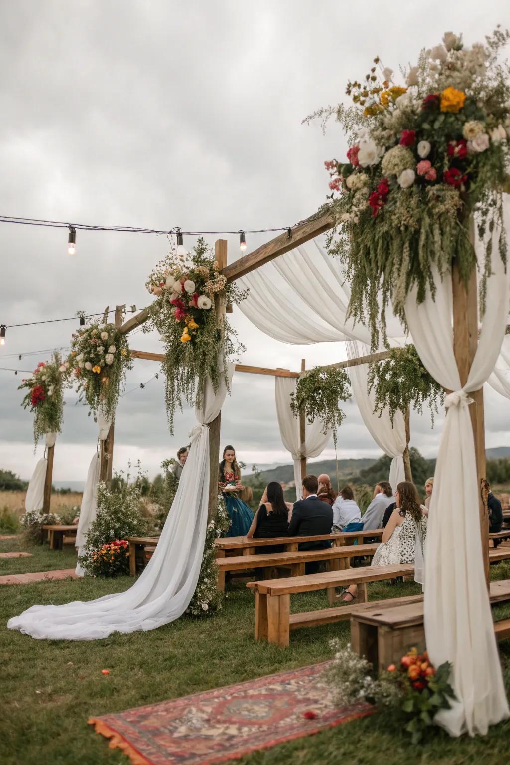 Lush suspended floral installations forge a garden-esque atmosphere.