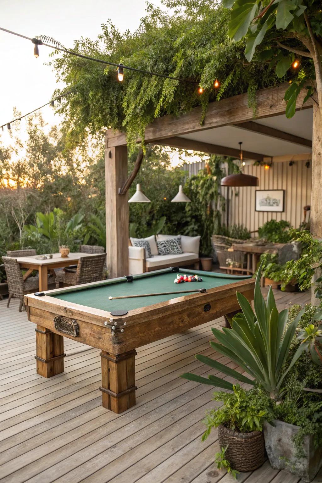 An eco-conscious billiard table precinct, incorporating salvaged timber and natural decor.