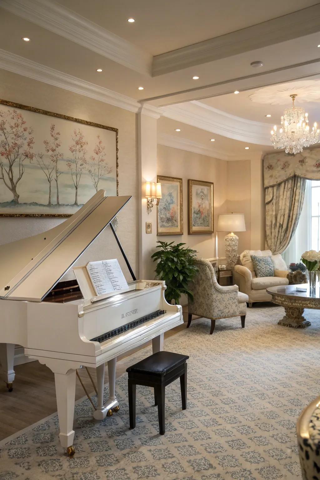 A quiet space enhances the musical experience in the piano area.