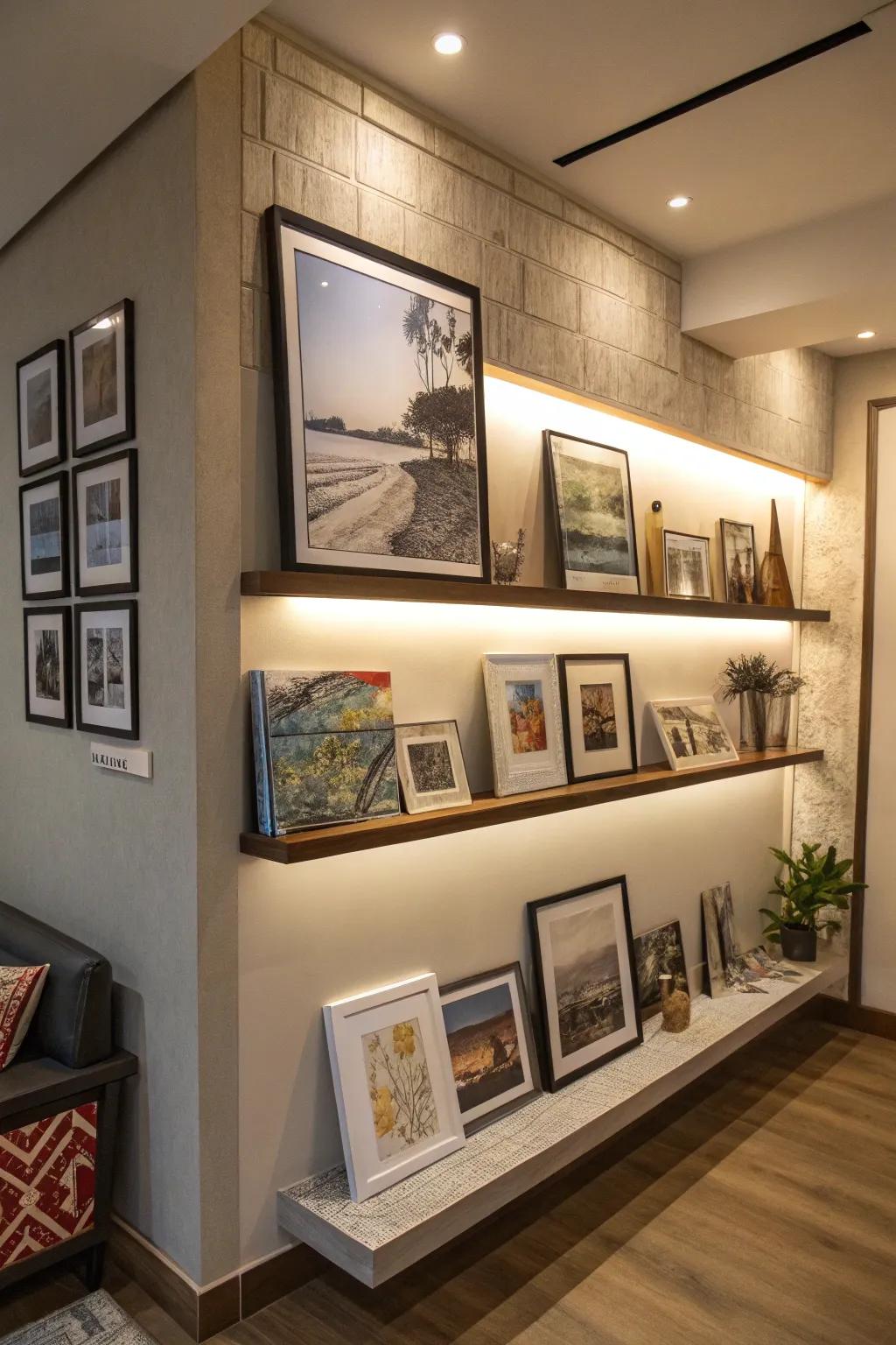 An unexpected corner display ledge transforms into an artistic focal point.