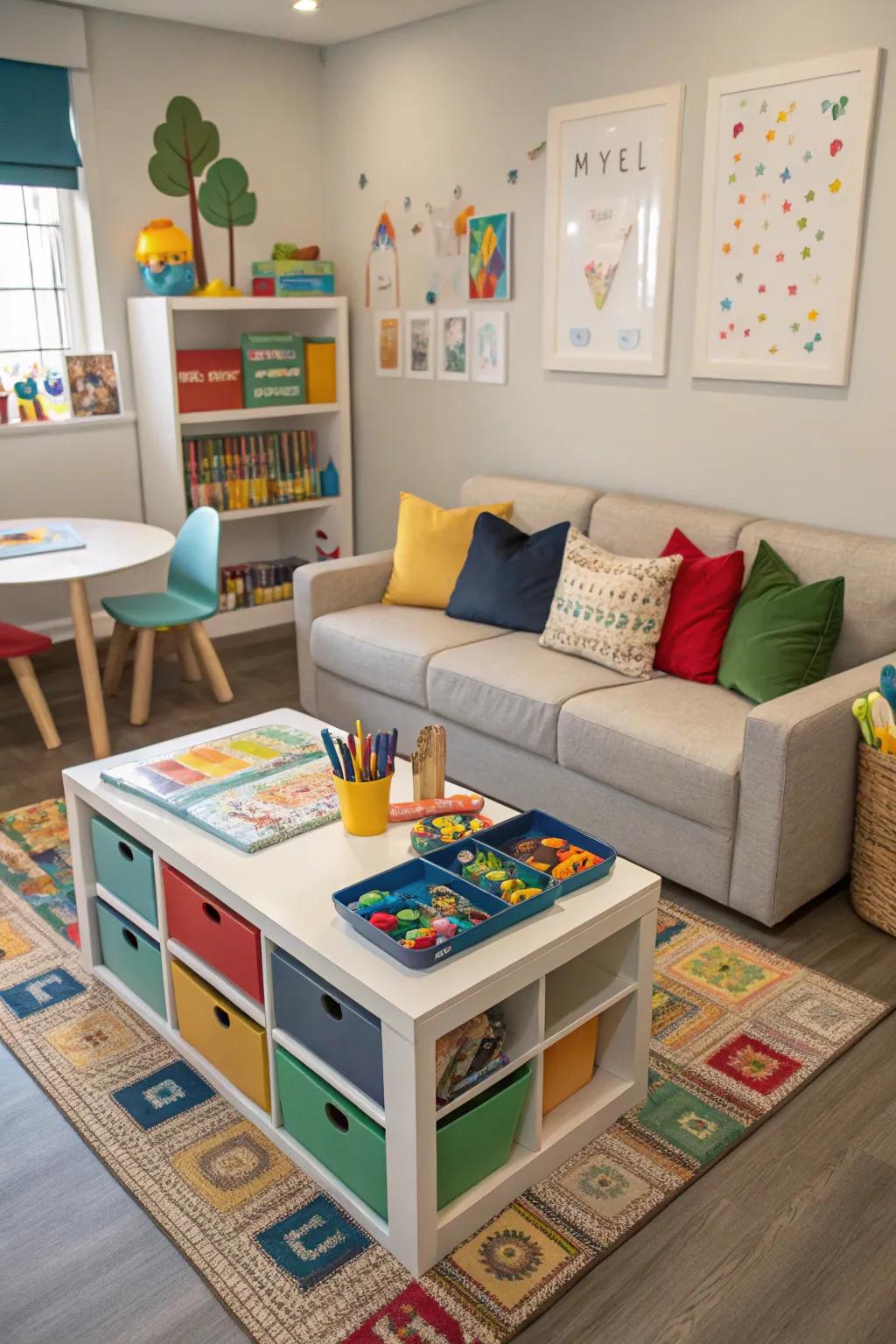 A functional playroom equipped with a sofa featuring an integrated activity surface.