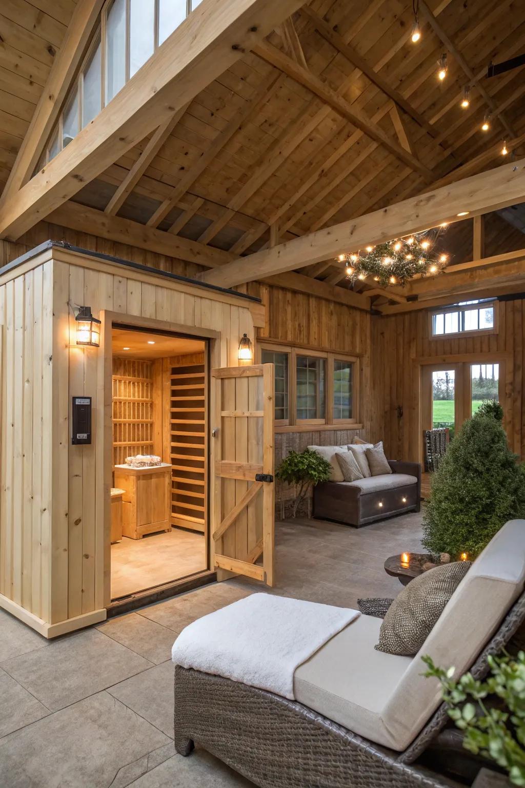 A serenity center in a pole barn with a sauna and relaxation area.