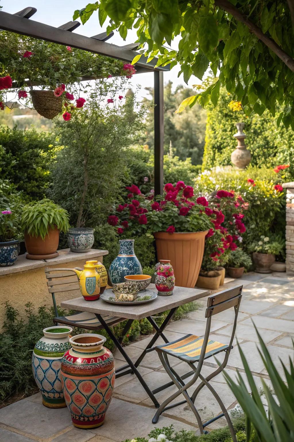 An outdoor pottery display on a patio surface.