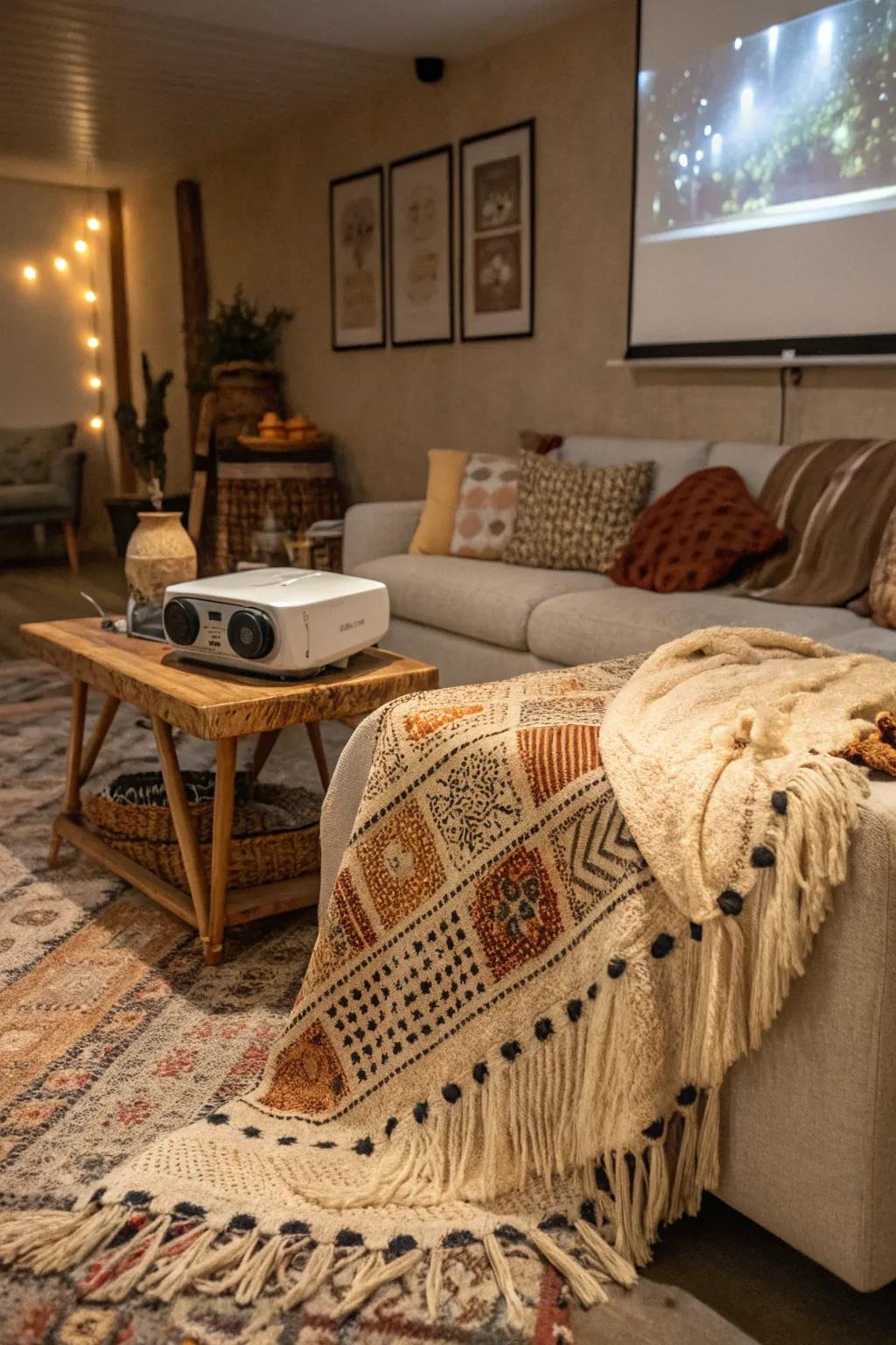 Artisan textiles add warmth and luxury to your projector space.