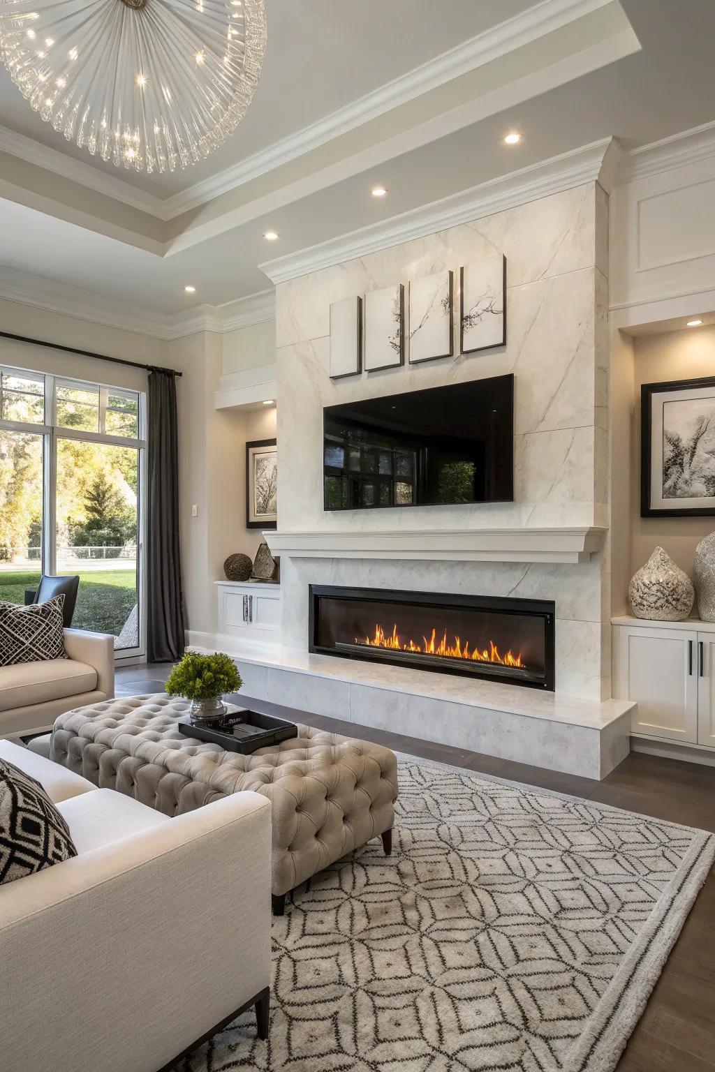 A modern living space featuring a smart propane fireplace.
