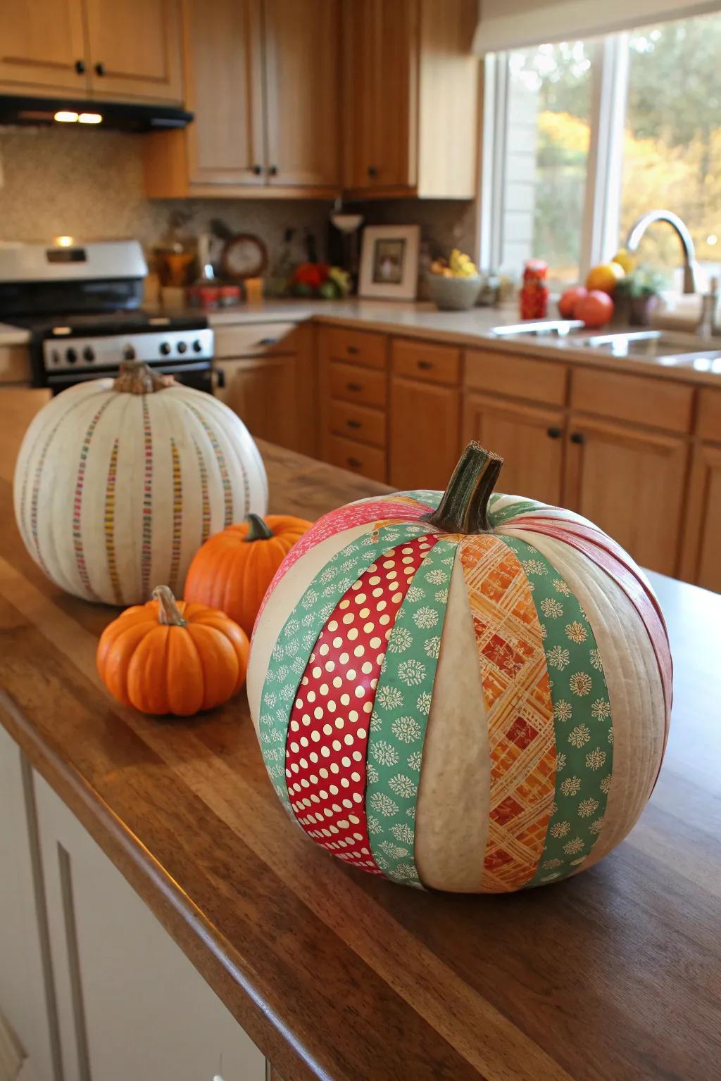 Washi tape pumpkins exhibiting vibrant patterns.