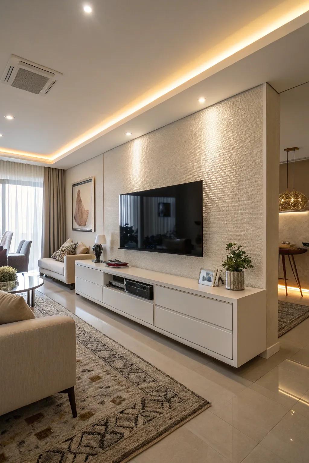 A wall mounted screen optimizes space and style.