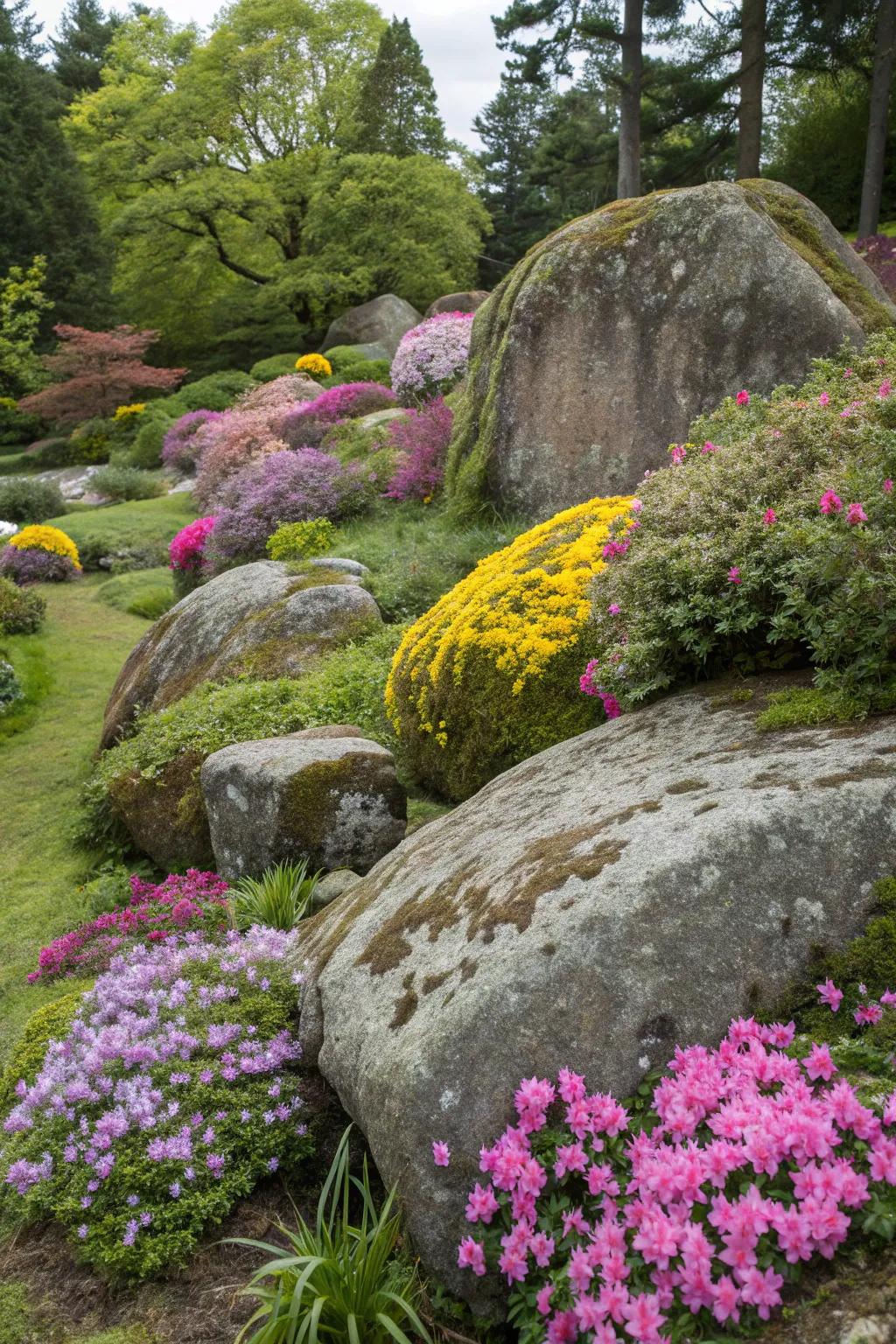 Seasonal flowers around stones create a dynamic landscape.