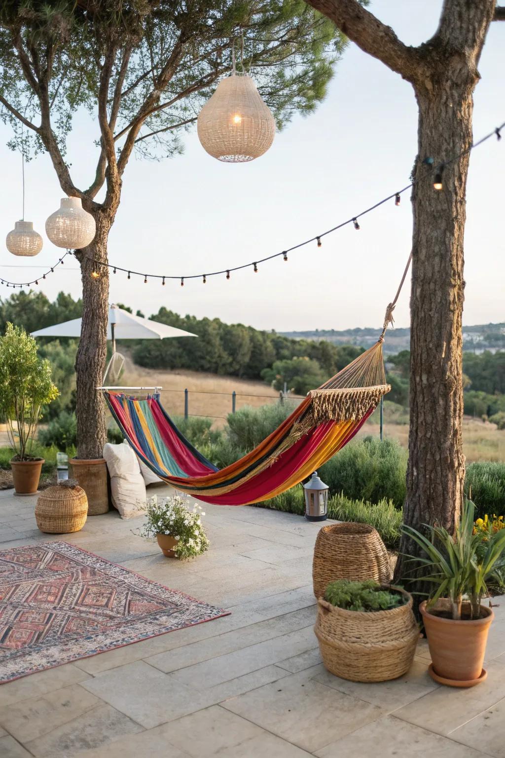 A boho-inspired outdoor area extends the rustic charm outside.