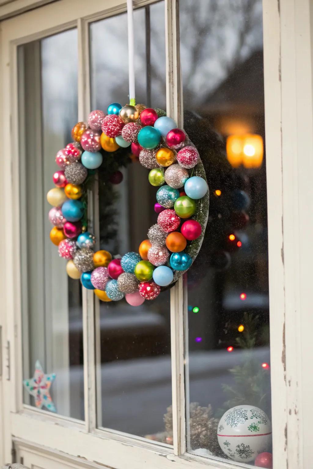 A bauble circlet repurposes trinkets for a colorful display.