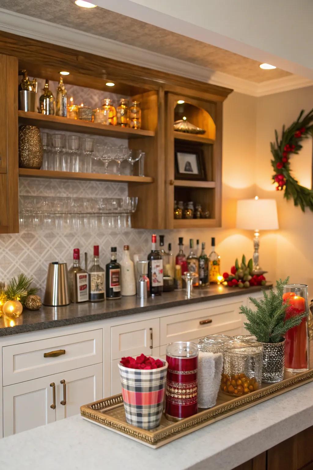 Variations in seasonal decor keep your home bar fresh and inviting.
