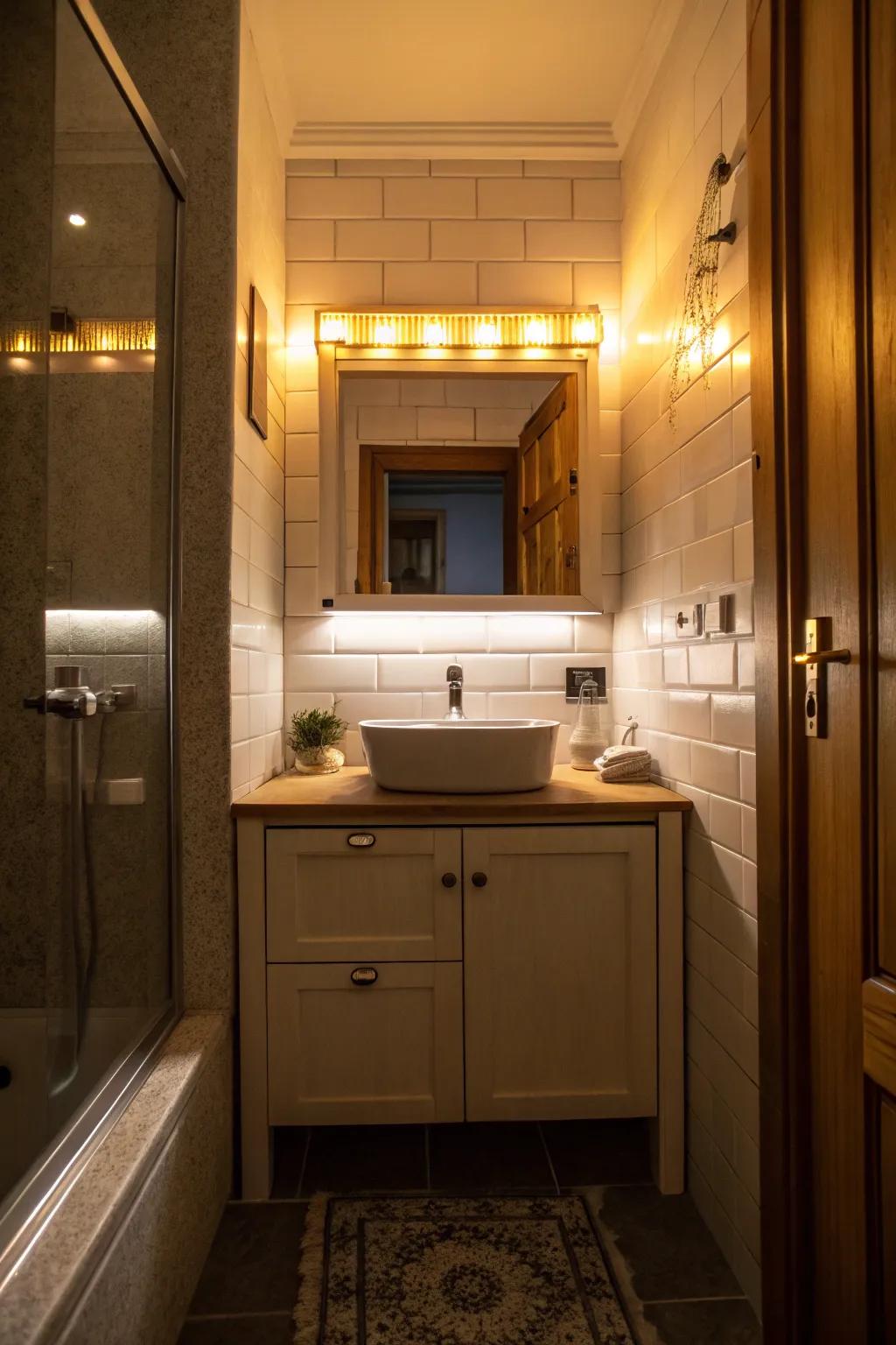 Under-cabinet illumination brightens and adds warmth to small spaces.