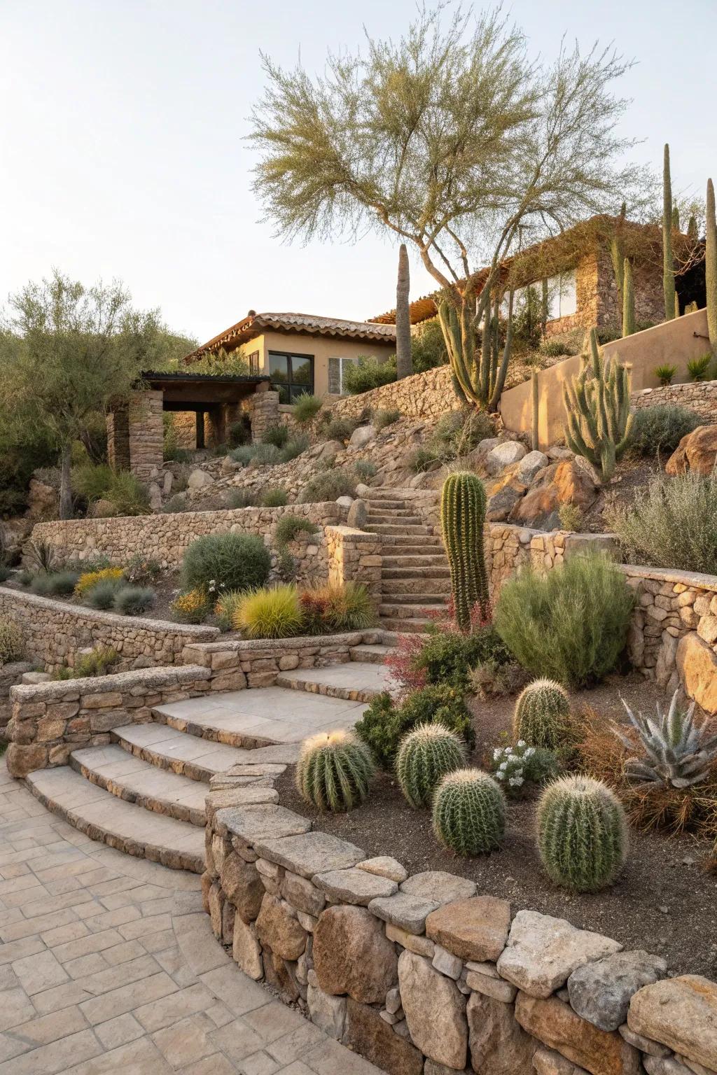 Staged landscape layout managing slopes beautifully.