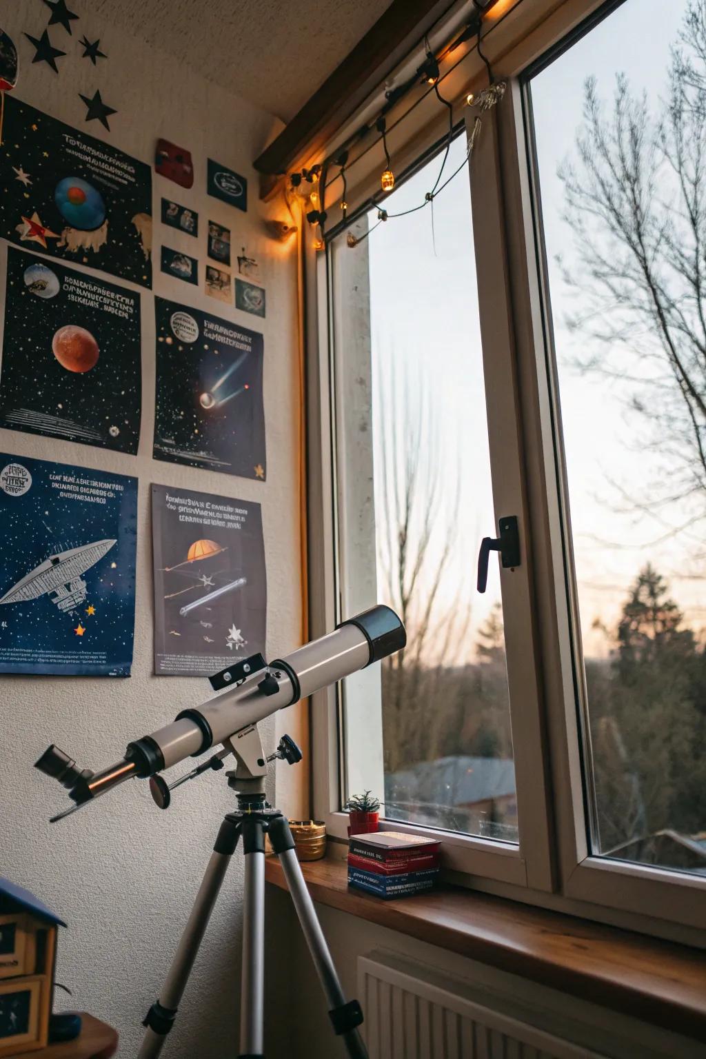 A corner with a telescope which encourages you to explore the stars from home.