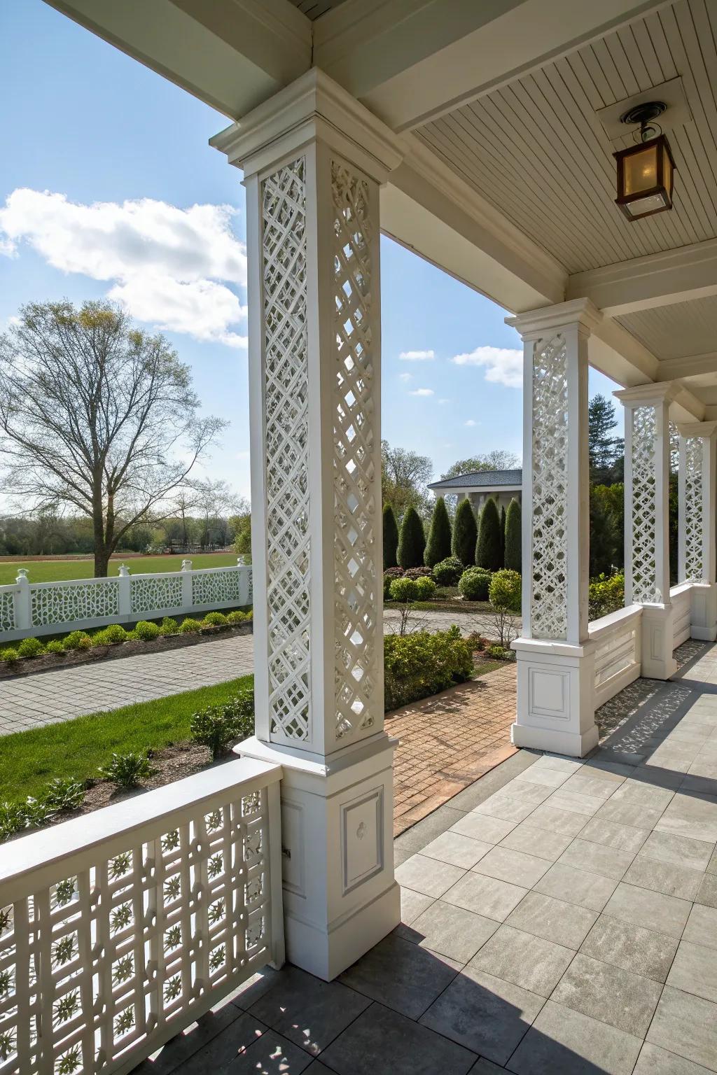 Lattice shapes on square columns add intricate elegance.