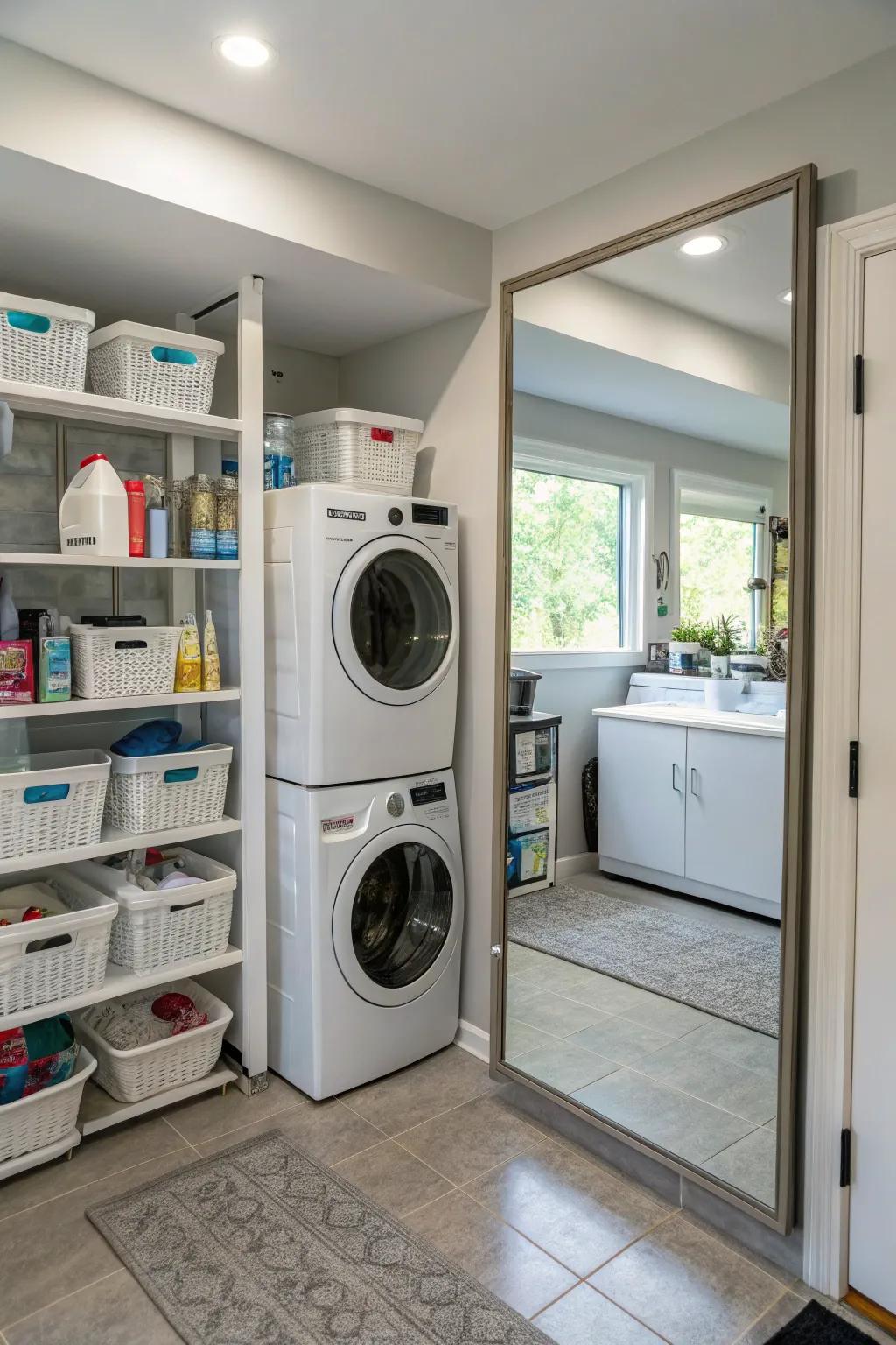 A mirror can make your washing room feel more spacious and open.