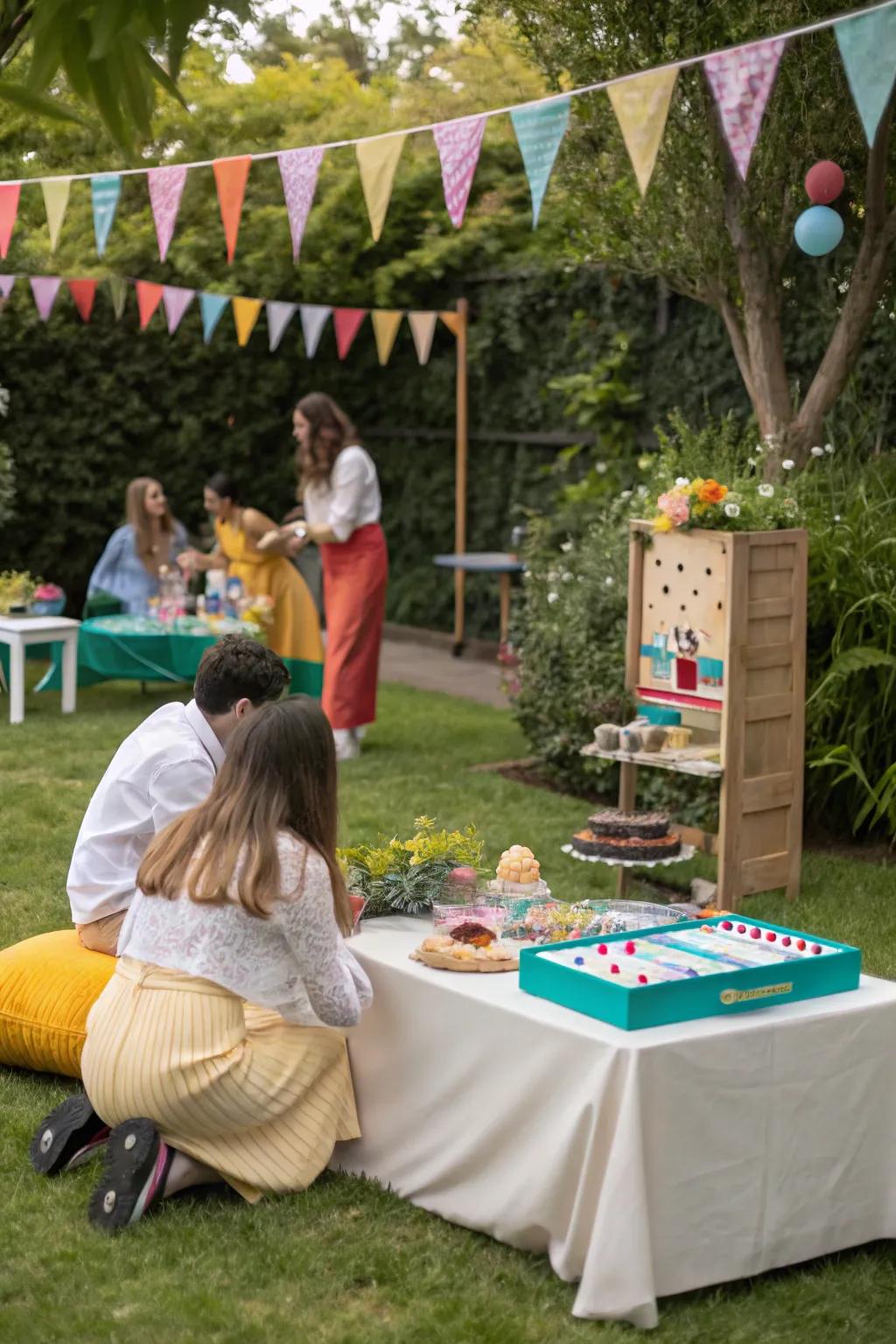 A garden celebration featuring a concealed dessert table.