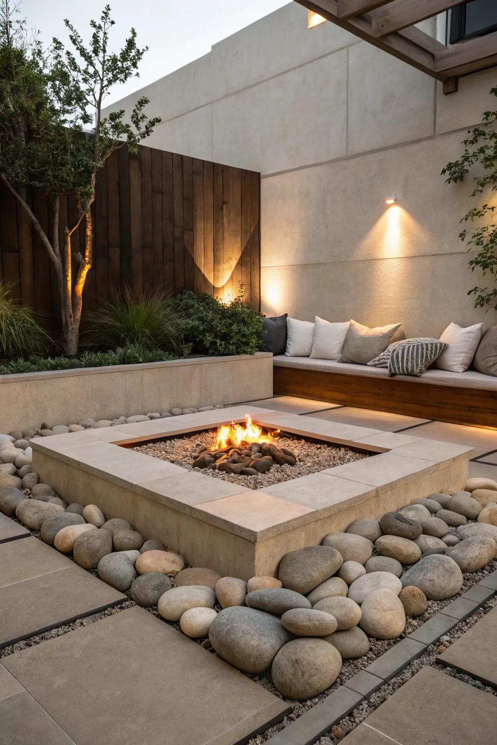 Understated style defines this ground-level fire feature.