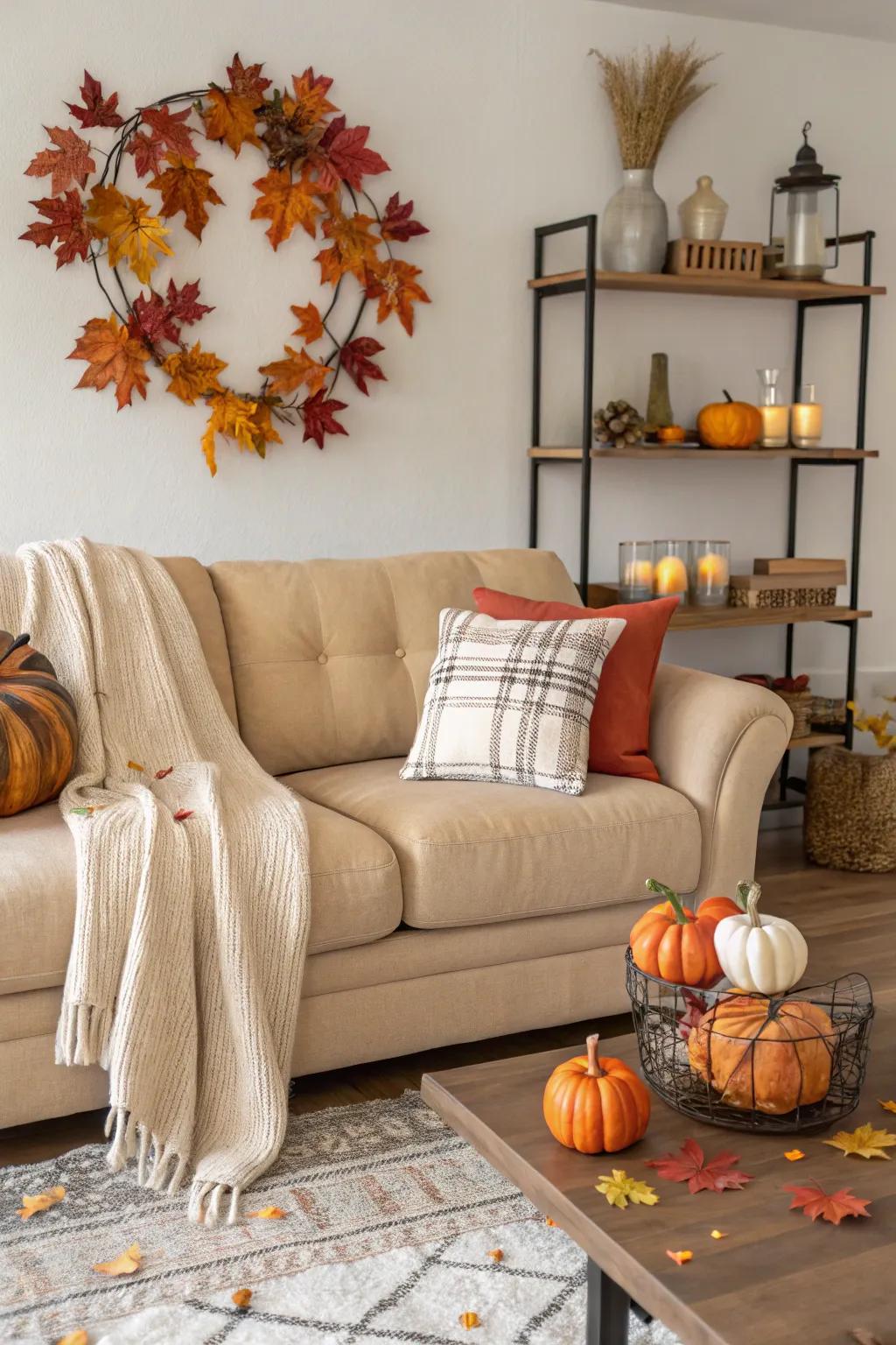 Seasonal decor maintains the family room fresh and adaptable.