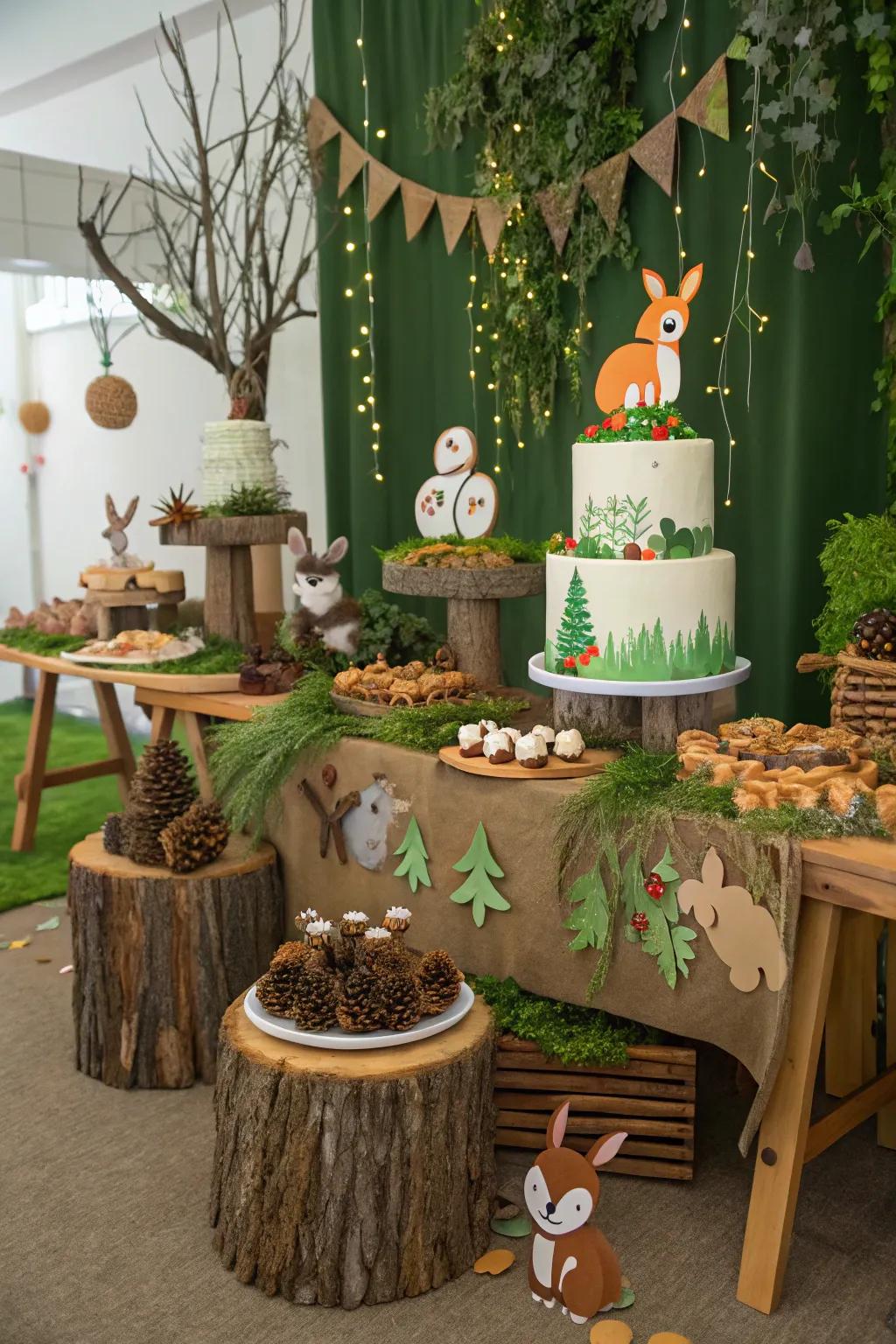 Woodland-themed setup featuring enchanting forest elements.
