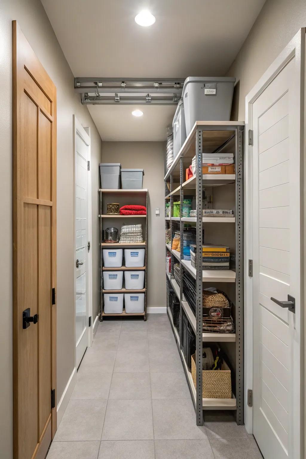 Overhead storage makes use of every inch without cluttering the floor.
