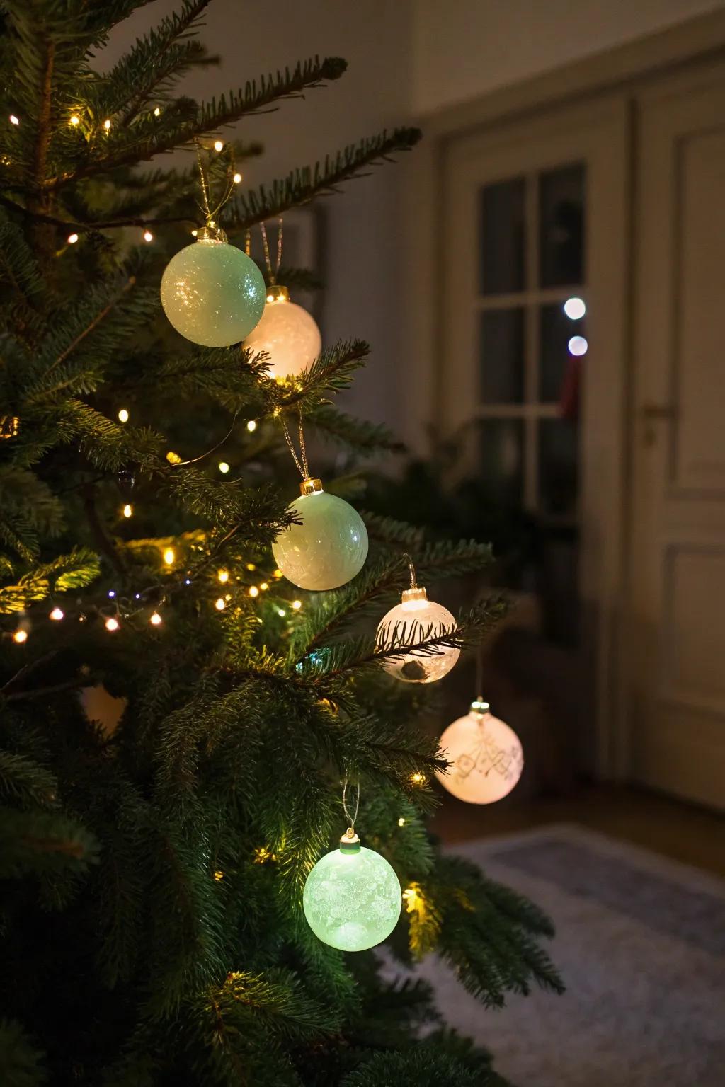 Glow-in-the-dark ornaments contribute a magical element to the tree.