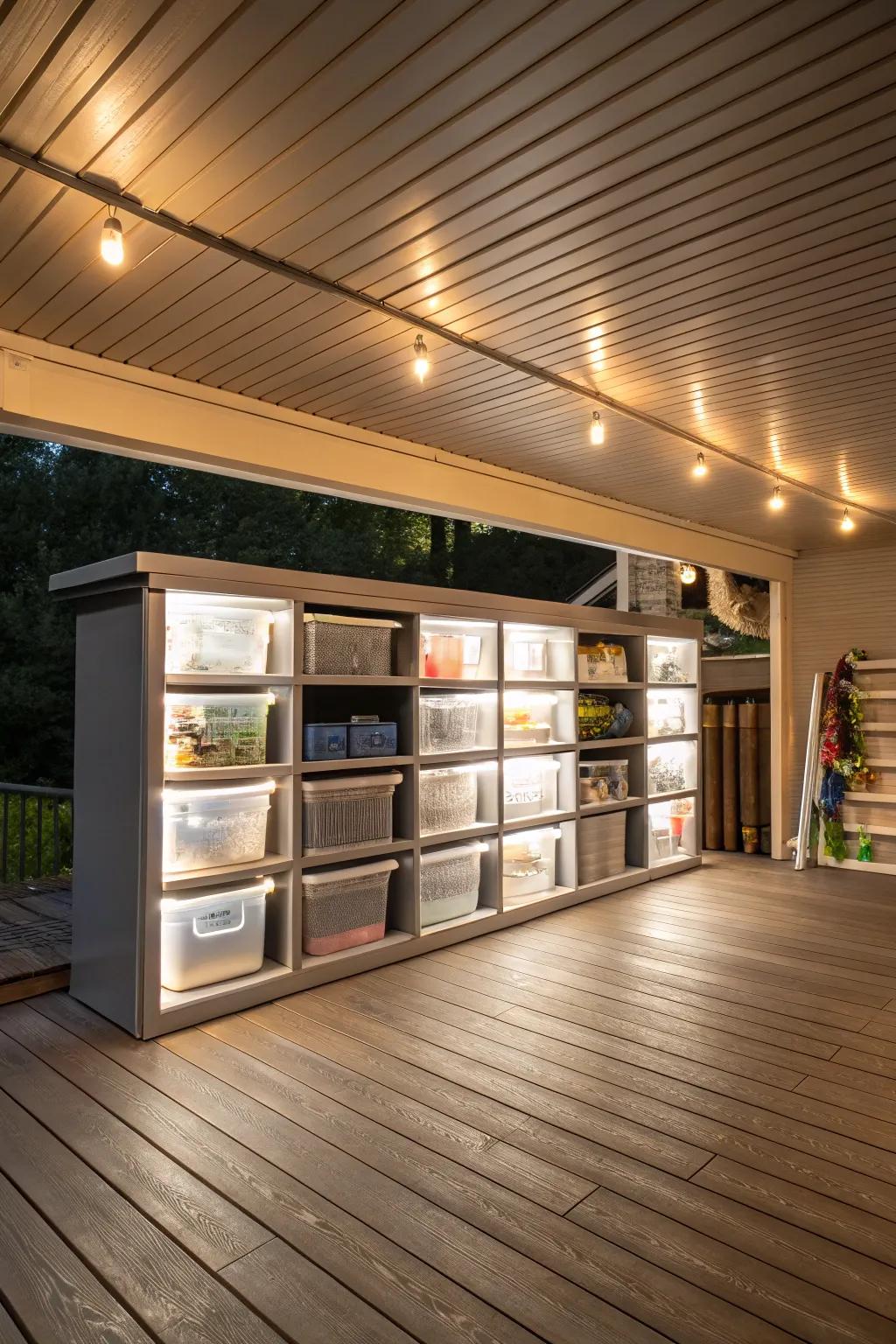 Usability and sophistication are enhanced by integrated lighting in storage areas.