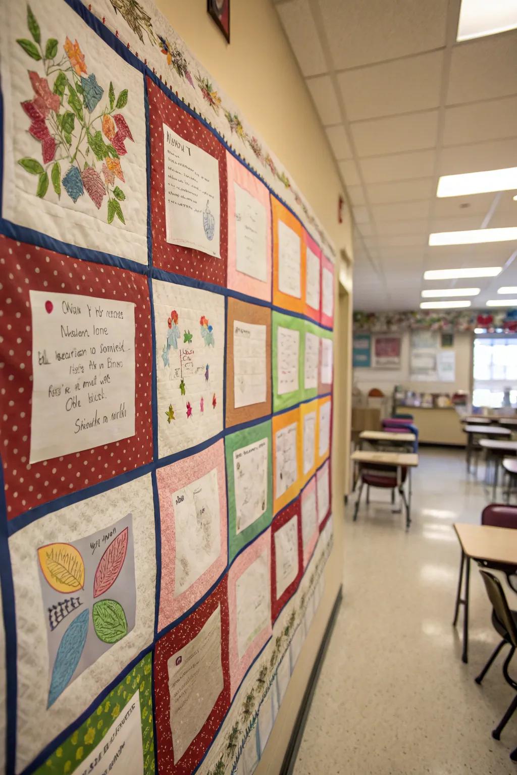 A Kindness Quilt bulletin board showcasing a collaborative paper quilt.