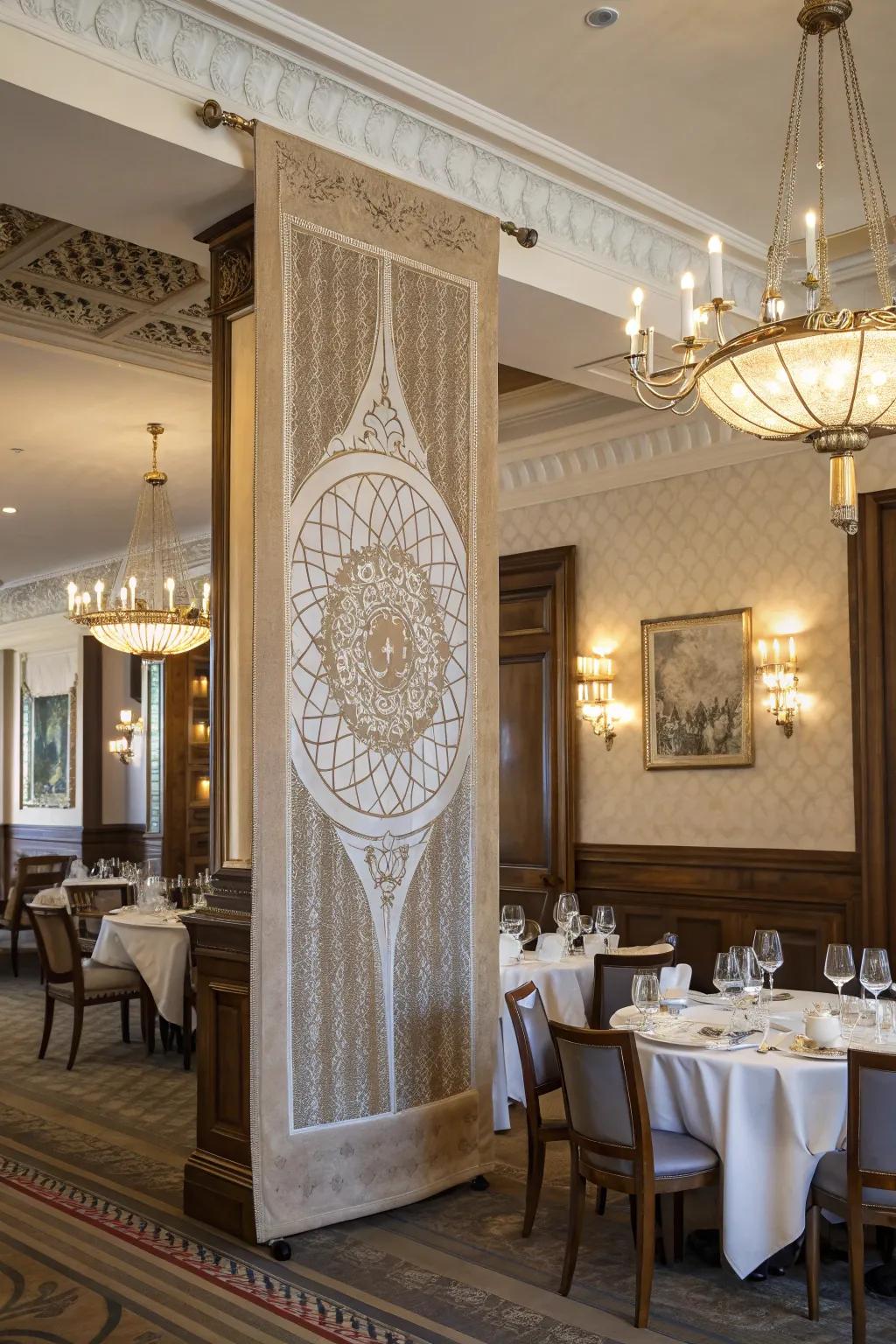 A sophisticated dining room gains luxury and depth from a 3D texture banner.