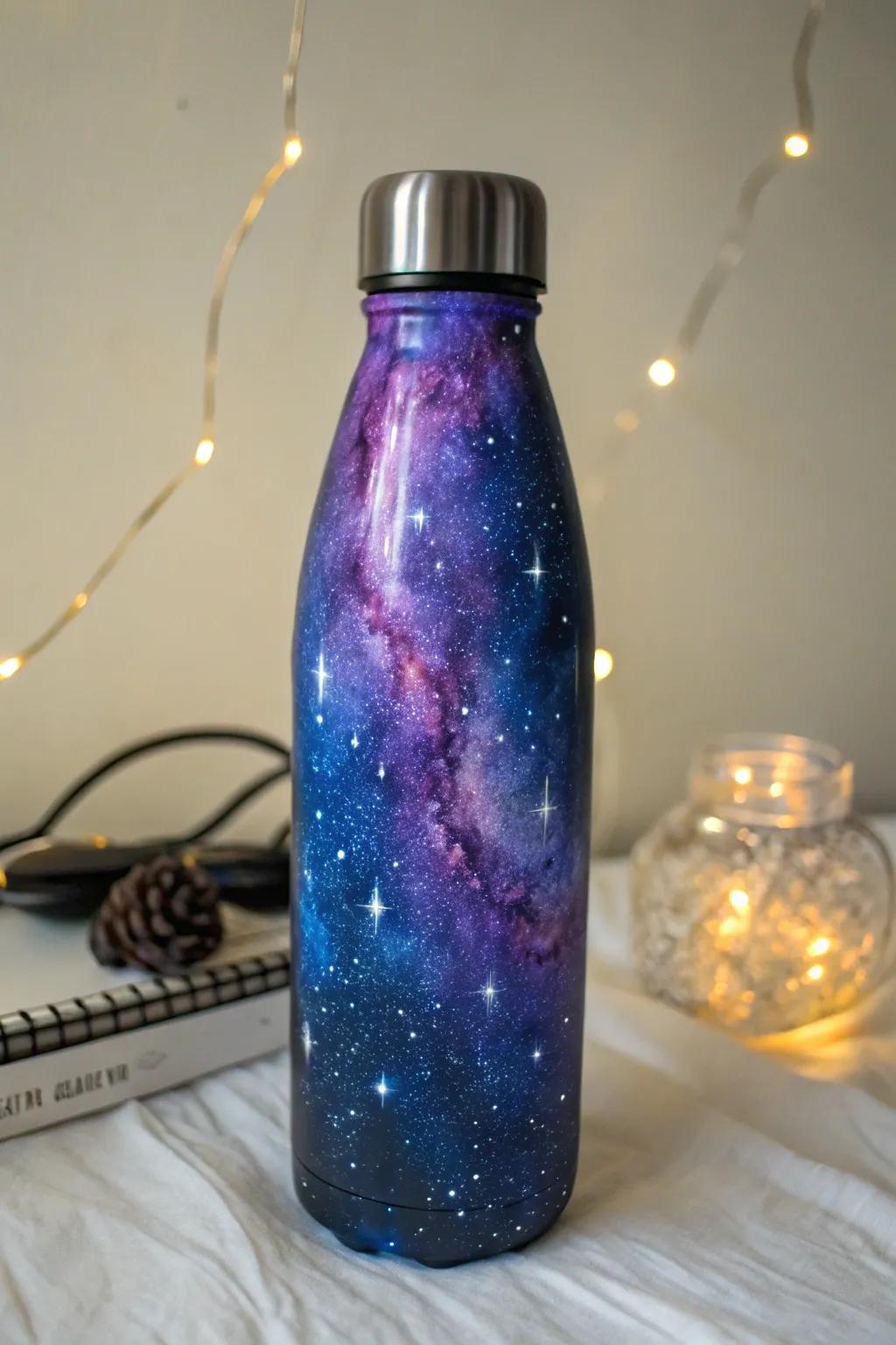 An arcane drinking bottle exhibiting a galaxy-inspired pattern.