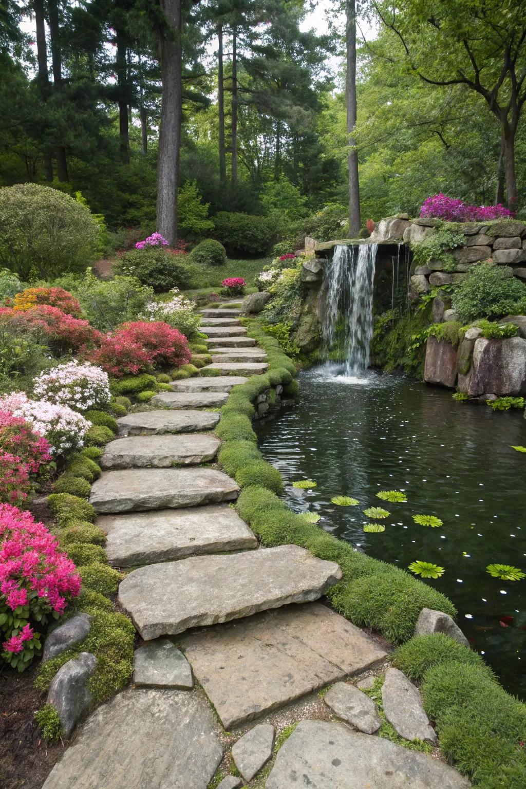 A playful stone pathway leads to a charming garden waterfall.