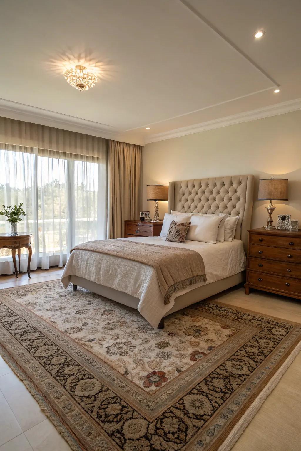 Floor coverings define distinct zones within a spacious bedroom, organizing space and adding coziness.