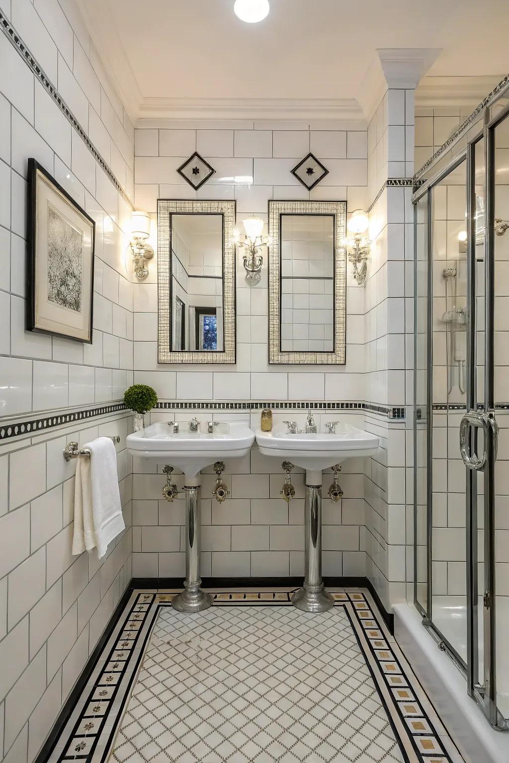 Art Deco flair adds vintage glamour to bright blocks.