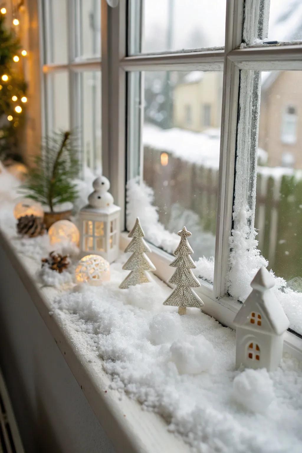 A snowy window scene introduces whimsical winter appeal indoors.