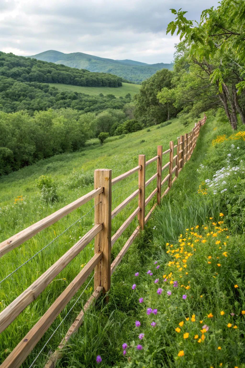 An eco-conscious fence featuring sustainable materials in a lush setting.