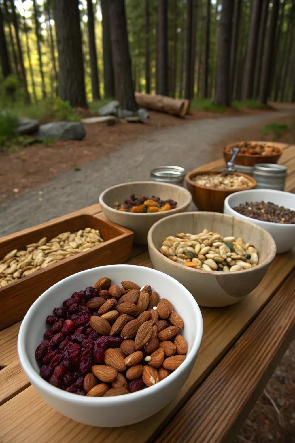 A woodland snack mix station offers a fun and interactive snack option.