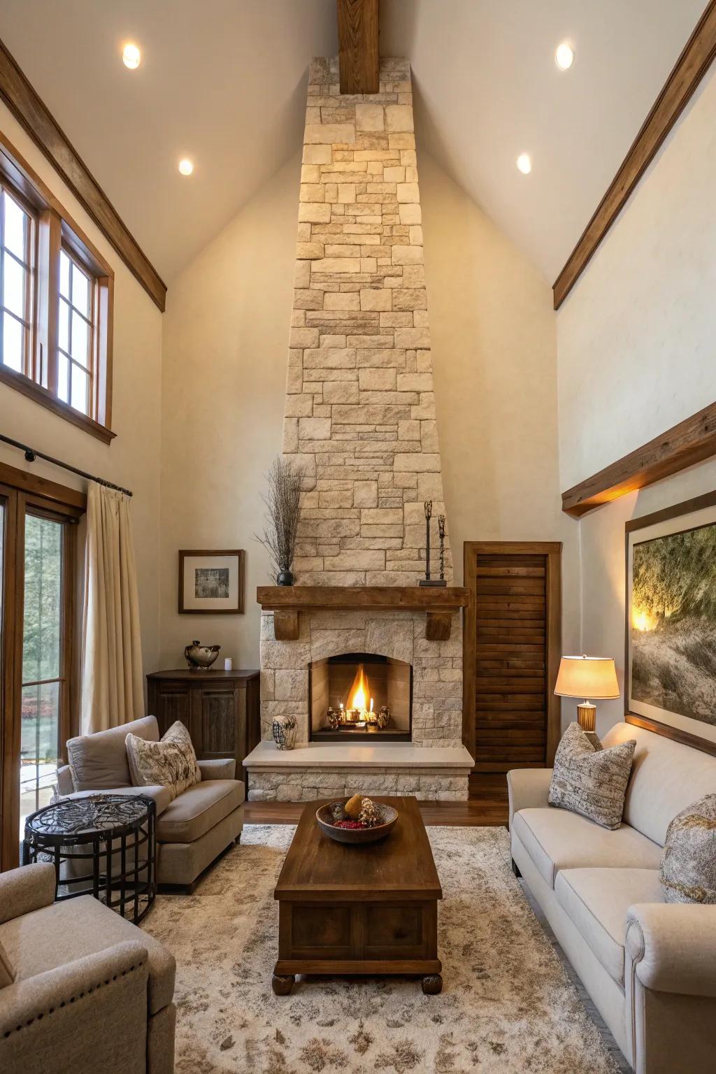 A tall fireplace design attracts the eye upward, adding beauty to your room.